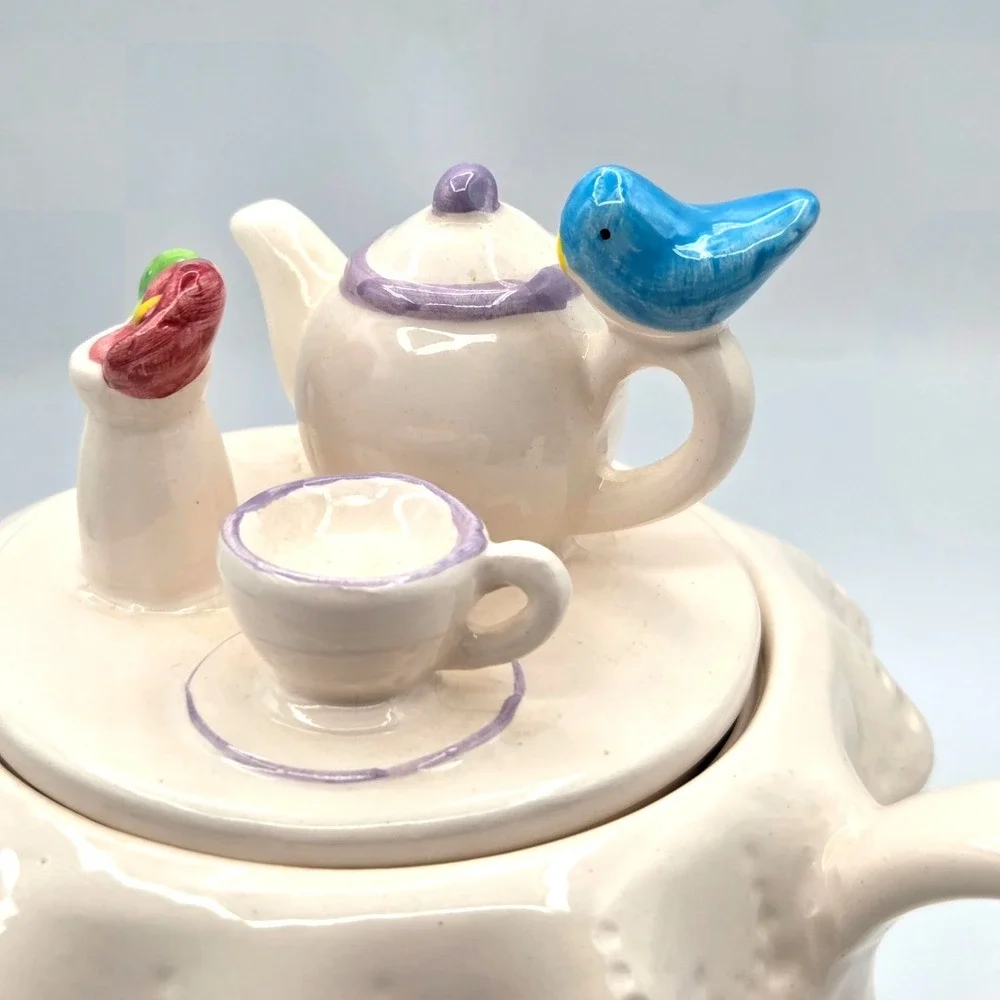 Teleflora Vintage Teapot, Tea Party White, Purple bows & Polkas Dots, Blue Bird